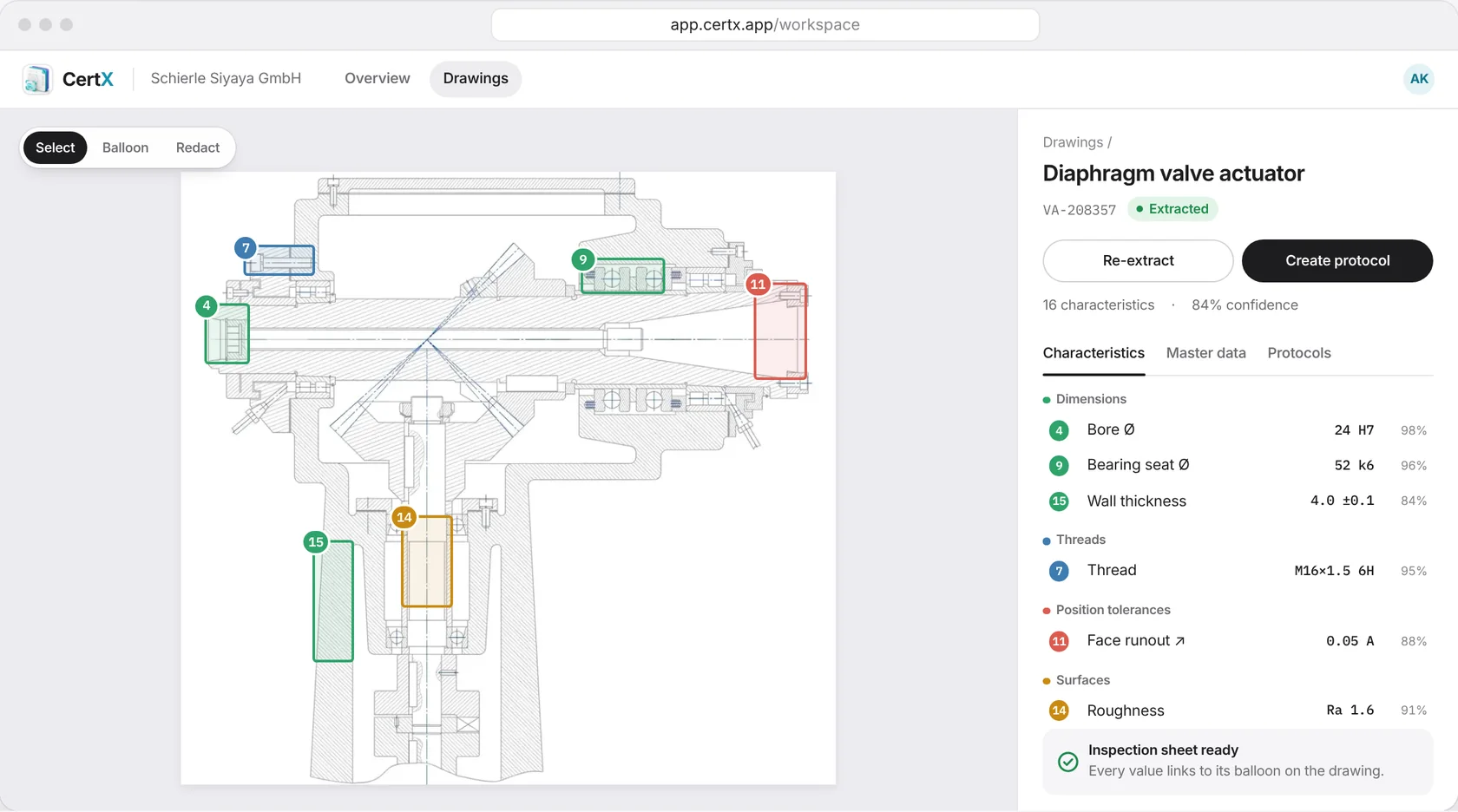 CertX workspace: technical drawing with numbered inspection balloons, next to the extracted characteristics with dimensions, thread, position tolerance and roughness