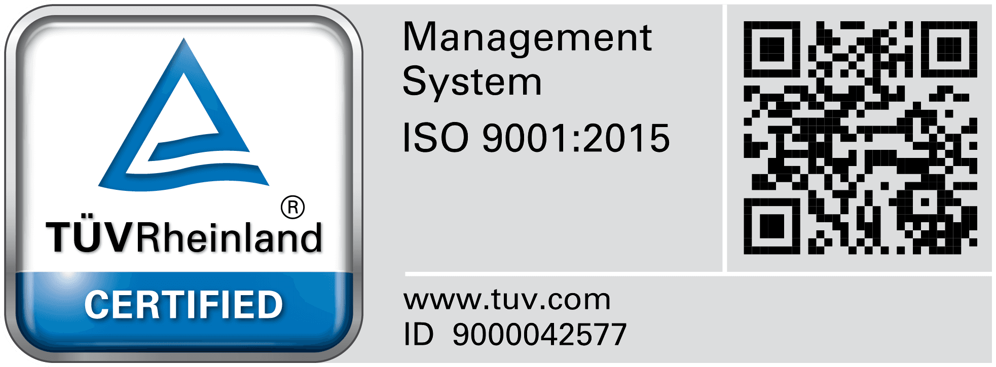 TÜV Rheinland Prüfzeichen — Managementsystem ISO 9001:2015, zertifiziert, ID 9000042577